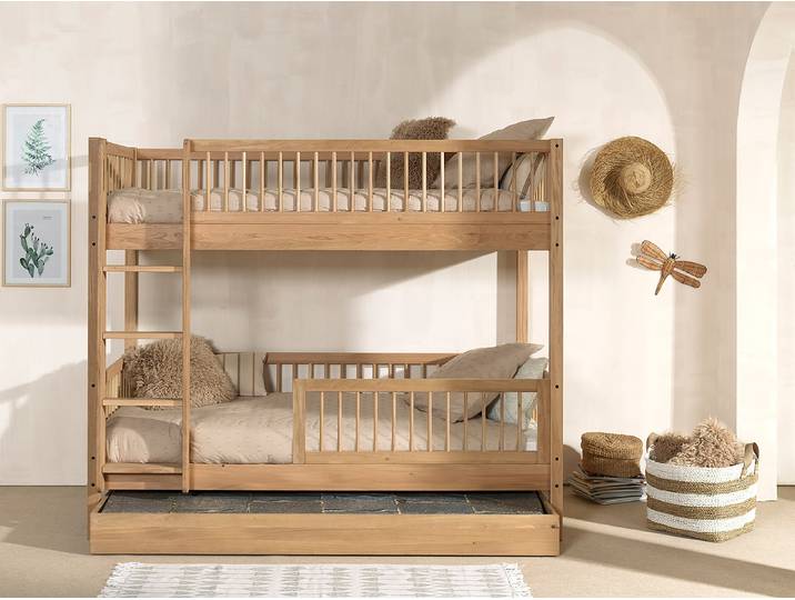 Massives Etagenbett Forrest - Fallschutz 90 x 200cm Braun/Eiche mit Bettkasten
