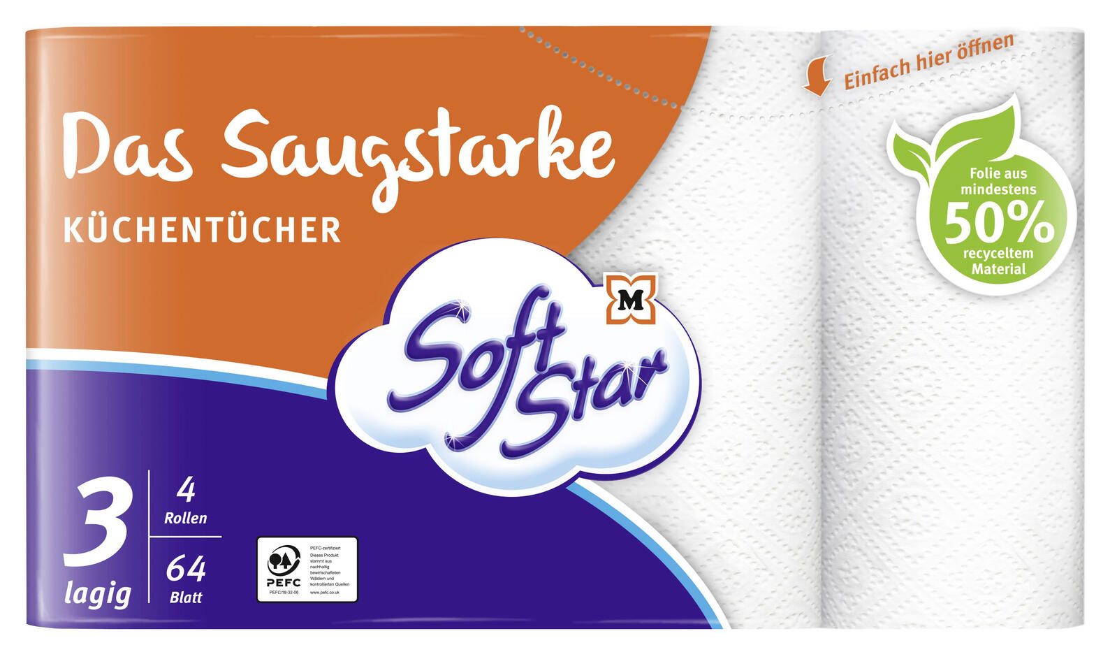 Soft Star Küchenrollen Das Saugstarke 3-lagig, 4 Rollen 2998344