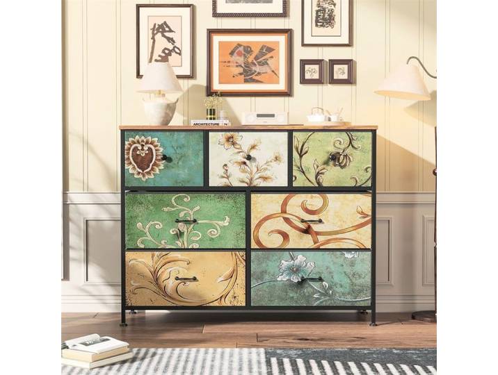 Commode Vintage 7 Tiroirs - Grand Chiffonnier Motifs Graphiques Rétro Meuble de Rangement Salon Chambre