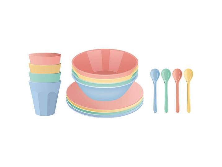 Koziol Camping-Geschirrset Nora Macarons 16-teilig, Mehrfarbig, Kunststoff, 25x10x25 cm, Geschirr, Geschirrsets