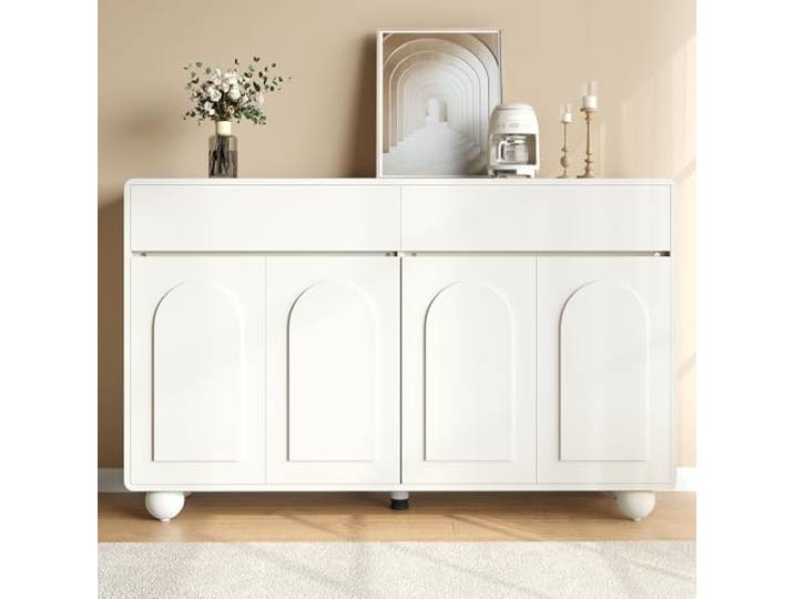 Fiednoy Sideboard Weiß mit 4 Geschwungenen Türen Moderner Stauraumschrank mit 2 Schubladen und Verstellbaren Einlegeböden für Wohnzimmer