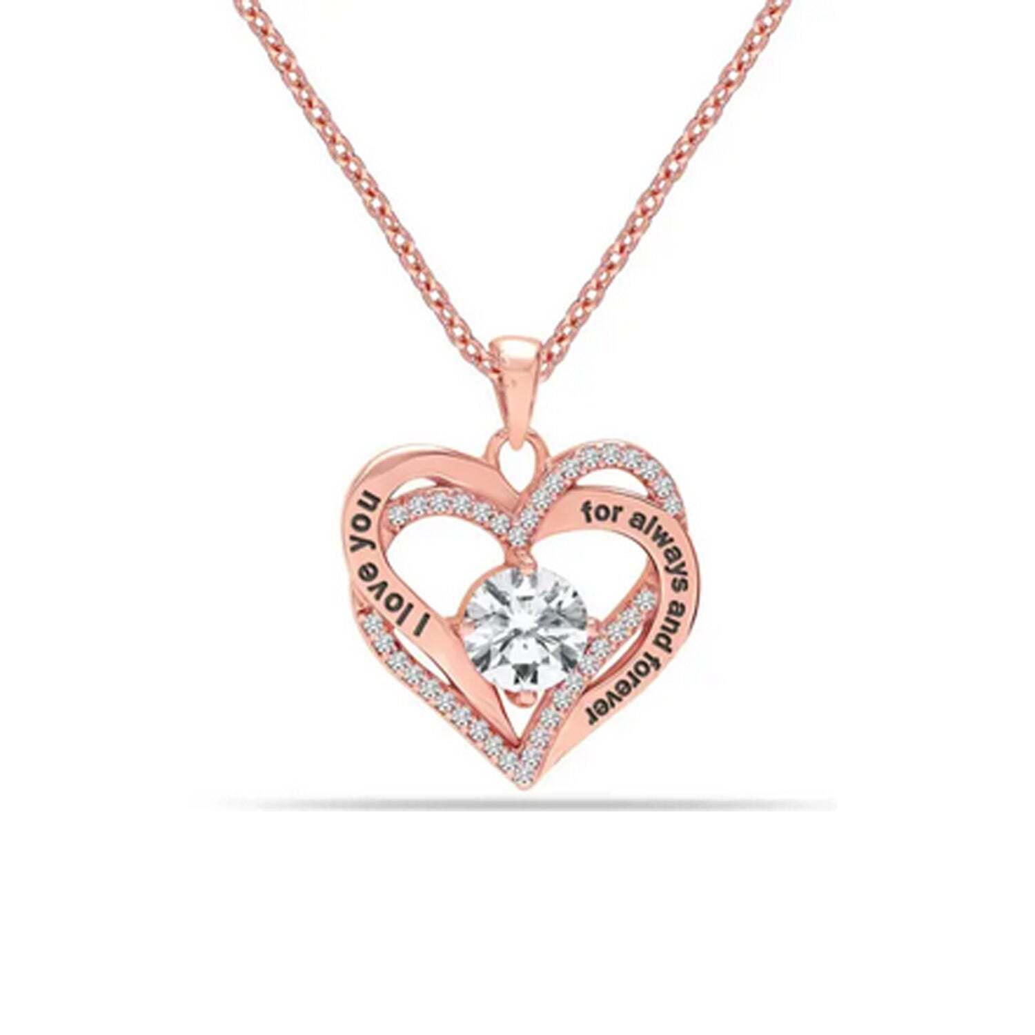 Dames Dubbele Hart Ketting in Roze Goud met Cubic Zirconia “Ik Hou Van Jou” Sterling Zilver 925 BICLL034