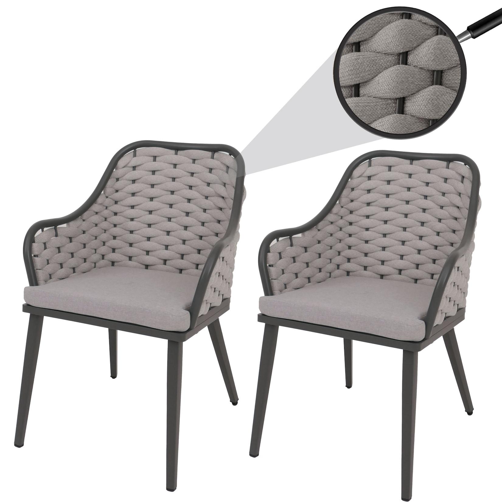 2er-Set Aluminium-Gartenstuhl MCW-O16, Outdoor Stuhl Armlehne, Olefin Seilgeflecht Rope ~ hellgrau Kissen hellgrau