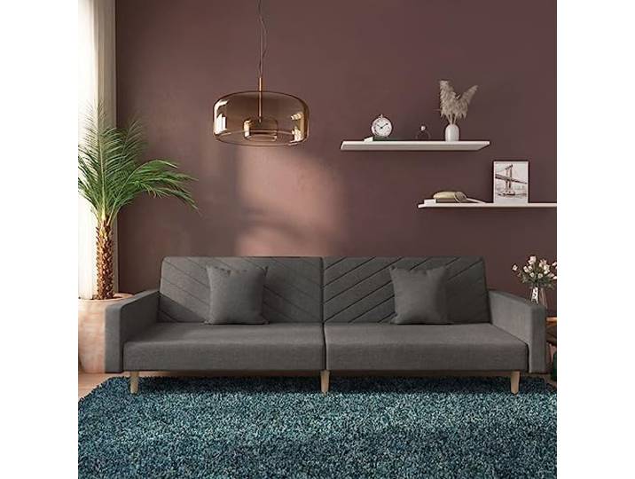 HEFZGDB Schlafsofa 2-Sitzer mit 2 Kissen Dunkelgrau Stoff – 2-in-1 Funktionsmöbel für Gästeübernachtung, bequemes Sitzgefühl, atmungsaktiver Bezug, robuster Holzrahmen, platzsparend