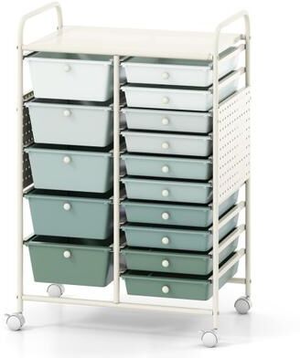 Costway 15-Drawer Rolling Storage Cart with Metal Tabletop and Pegboard-Green
