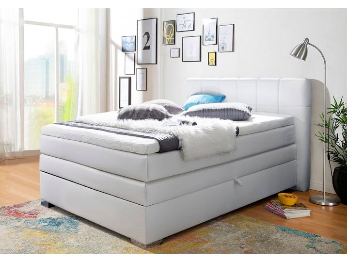 Boxspringbett HOME AFFAIRE Airdrie , weiß, B:140cm L:210cm, Kunstleder, Kunststoff, Massivholz, Komplettbetten, Boxspringbett, inkl. Bettkasten und Topper