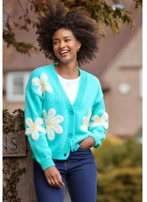 Plus Size Women's V-Neck Daisy Cardigan by Joe Browns in Aqua Daisies (Size S)