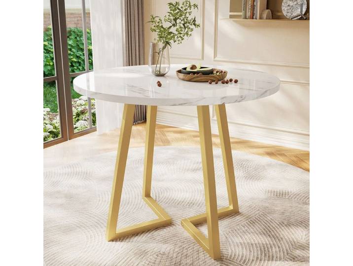 Table à manger ronde (1 pièce) moderne en marbre cadre en métal unique table de cuisine couleurs Blanc / Or