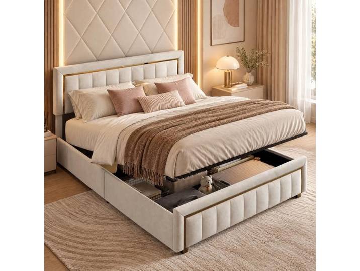 Lit Double 140x200cm avec rangement sous le lit Lit rembourré hydraulique avec avec Sommier à Lattes Design Élégant Velours Beige