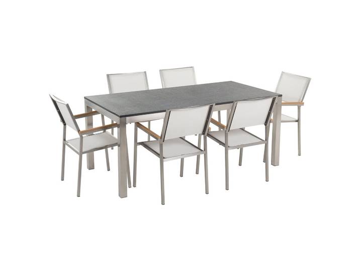 Beliani Gartenmöbel SET 6-Sitzer Naturstein schwarz poliert Textilbespannung weiß Grosseto, Schwarz, Weiß, Silberfarben, Metall, Gartenmöbel, Gartengarnituren, Gartenmöbel-Sets