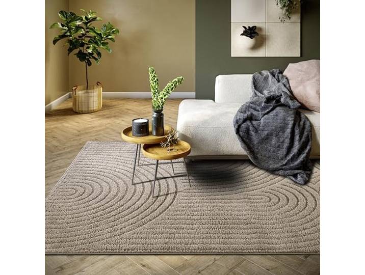 Elle Decoration Panglao moderner Hochflor Teppich - Wohnzimmerteppich Flauschig – Hoch-Tief Effekt Skandi Boho Geometrisch Wellen, Bogen - für Wohnzimmer, Schlafzimmer, Küche - Taupe, 80x120cm
