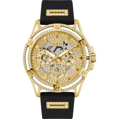 Multifunktionsuhr GUESS "KING", schwarz (schwarz, champagnerfarben, champagnerfarben), Armbanduhren, Herren, goldfarben, Armbanduhr, Quarzuhr, Herrenuhr