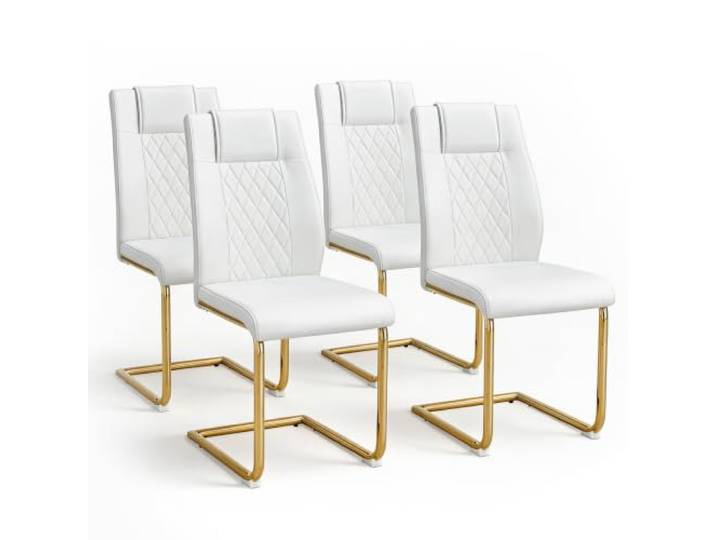 Vexelus 4er Set Esszimmerstühle weiß‑Gold, PU‑Leder mit Netz‑Rückenlehne, goldene Metallbeine, skandinavische Stühle für Esszimmer