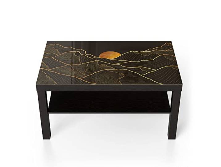 DEQORI Glastisch schwarz groß 90x50 cm Motiv Goldenes Linien Gebirge ausgefallener Beistelltisch aus Glas Hochglanz Couchtisch fürs Wohnzimmer moderner Couch Tisch mit Design