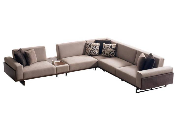 JVmoebel Ecksofa Beige Polstercouch mit Holzablage und edlen Kissen