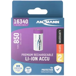 Ansmann Li-ion Akku CR123A, 16340, 3,6V bis 3,7V, 850mAh 17×17x35mm mit Schutzbeschaltung