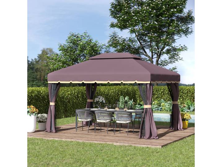Outsunny Tonnelle Jardin 4x3m Double Toit Chocolat