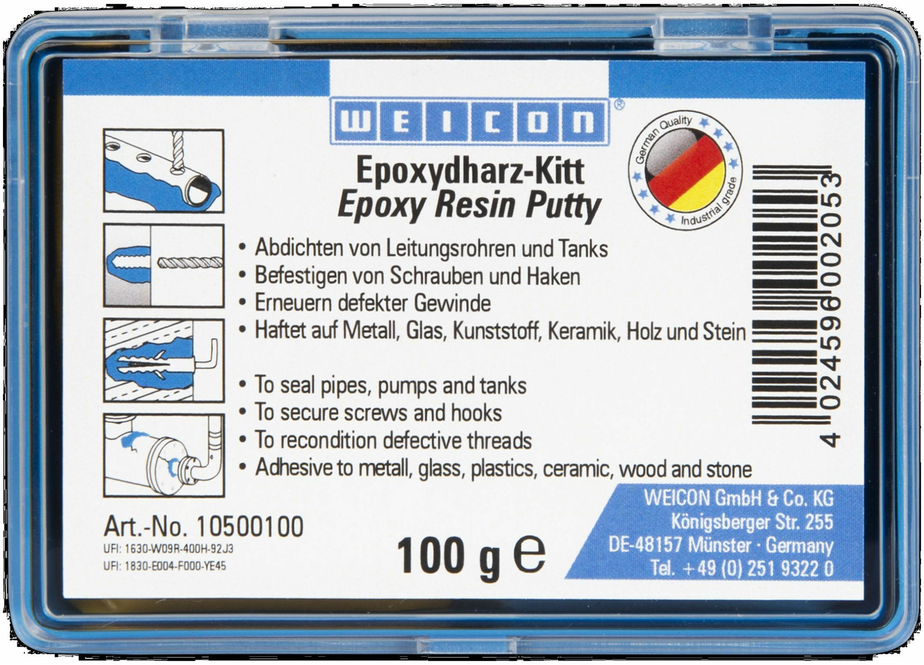 WEICON Epoxidharz-Kitt, knetbare Universal-Reparaturmasse, 100 g, grün (10500100)