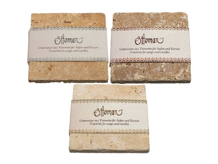 3er Set Seifenablagen aus Travertin, quadratisch, 3 Farbkombinationen, 10 x 10 cm