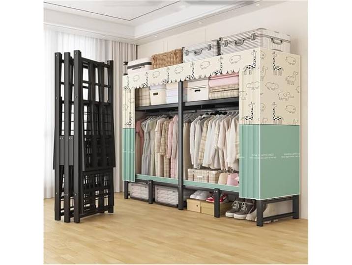 MmcdylyhEU Robuster tragbarer Kleiderschrank mit Abdeckung – Faltbarer L-Kleiderständer for Schlafzimmer und Wohnheim, robuster Kleider-Organizer(Green,113cm/44.5inch)