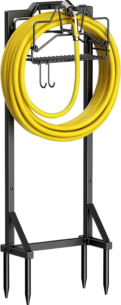 Vrijstaande metalen tuinslanghouder in zwart, klassiek design, Hoogte: 130 cm
