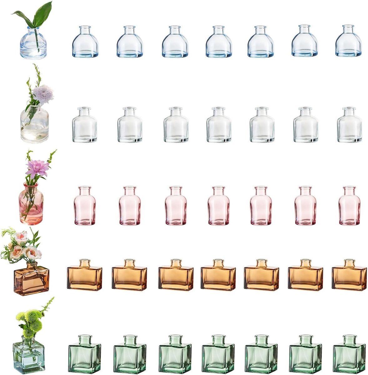 Set van 40 kleine gekleurde glazen bloemenvazen voor decoratie van tafelstukken en de woonkamer