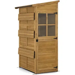 M MCombo Gartenschrank Gartenhaus Holz Wetterfest, Outdoor Schrank Wetterfest, Geräteschuppen Begehbar, für Außenbereich Balkon & Terrasse, Gerätehaus mit 3 feste Regale, 120×86×201 cm, 1753 (Natur)