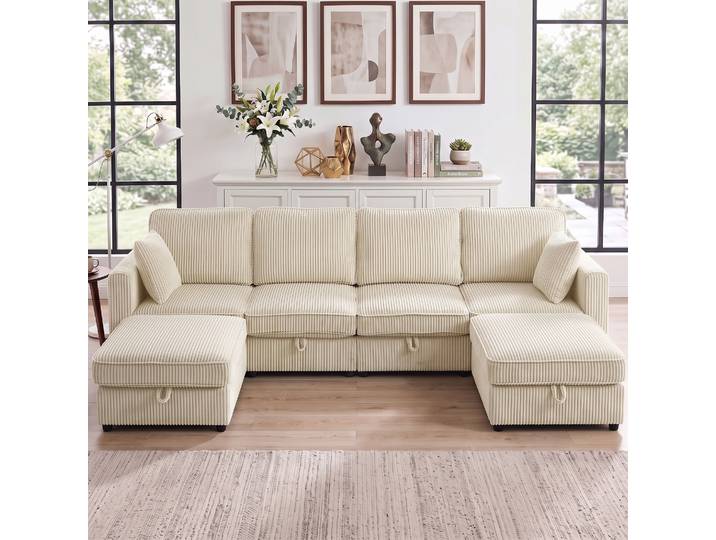 HOMCOM Canapé d’Angle U 4 Places 2 Poufs Velours Crème 306cm