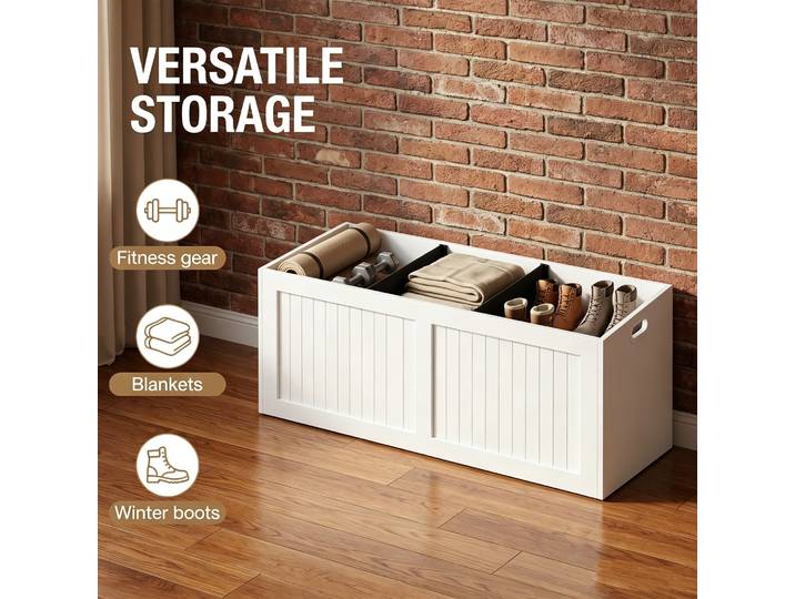 Banc à chaussures, banc de rangement, banc avec espace de rangement, avec coussin en lin, boîte de rangement, gain de place, pour salon, entrée, blanc