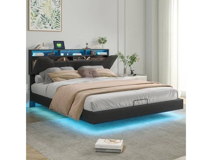 Lit - Noname - 140x200 cm - Noir - Contemporain - Avec bande lumineuse et rangement