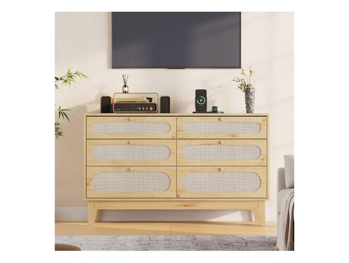 GarveeMore Kommode Modernes Sideboard Rattan Lowboard USB-Anschlüssen und Steckdose (1 St), TV-Board Media-Board Audio-Board Schubkastenkommode Kombikommode
