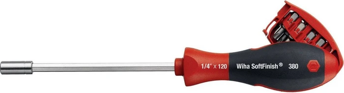 Wiha 33007 Schraubendreher 1/4", mit Bit-Magazin (schwarz/rot, mit 8 Bits)