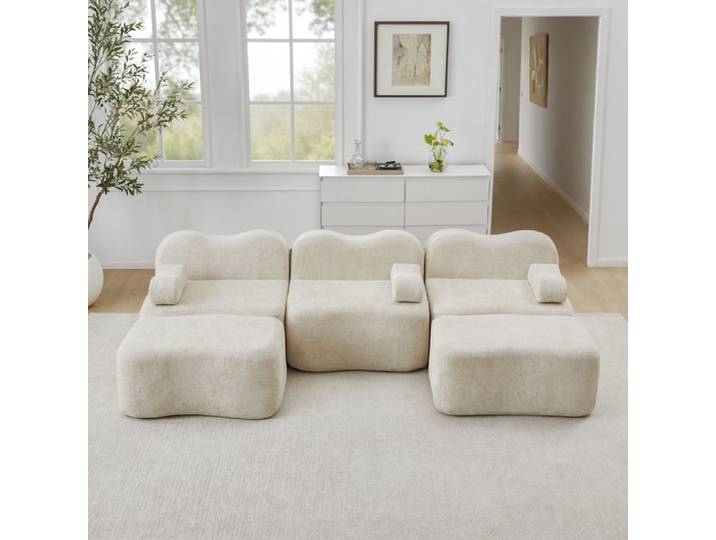LPOSPI Canapé modulaire 3 places forme U avec 2 poufs - LPOSPI - assise profonde accoudoirs mobiles velours beige