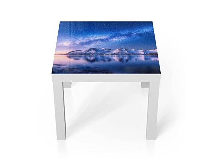 DEQORI Glastisch weiß klein 55x55 cm Motiv Galaxis über Fjord ausgefallener Beistelltisch aus Glas Hochglanz Couchtisch fürs Wohnzimmer moderner Couch Tisch mit Design