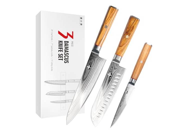 FUJUNI Damastmesser Set, 3-Teilig Messerset Damast Mit Extrem Scharf Klinge Aus 67 Lagen VG-10 Damaststahl Messer, Olivenholzgriff, Geschenkbox