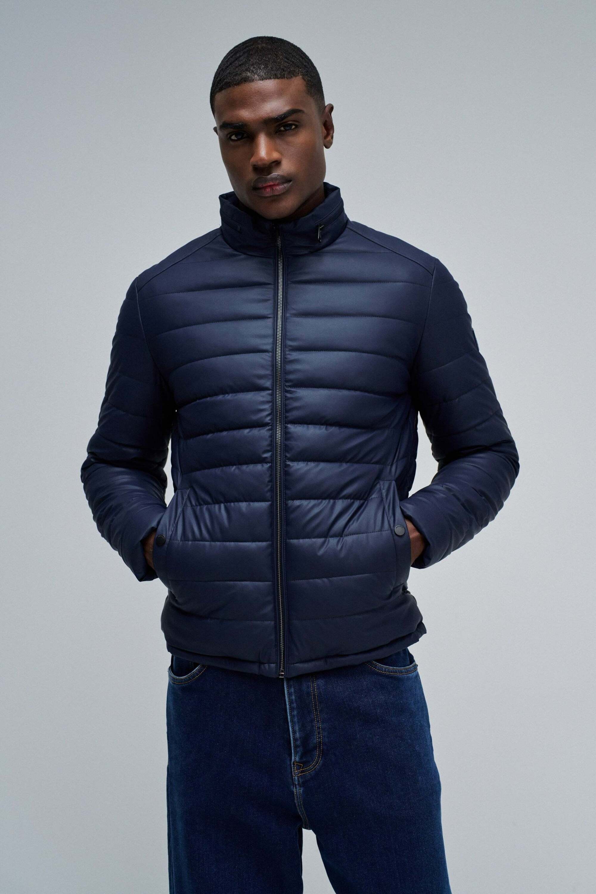 Steppjacke SALSA "Salsa Jeans Steppjacke Light Padded PU Leather Jacket", Herren, Gr. M, blau, Obermaterial: 100% Polyurethan PU., Jacken Steppjacke blau M