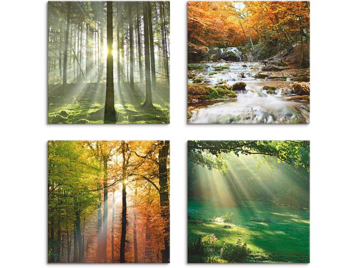Leinwandbild ARTLAND Wald Wasserfall Herbsttag , grün (farbe bild(er): grün), B:30cm H:30cm, Leinwand, MDF, Bilder, Leinwandbild, 4er Set, verschiedene Grössen