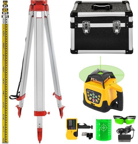 Vevor roterende laser-nivelleringsapparaat met kruislijnlaserset, statief en nivelleringsstaf, geel