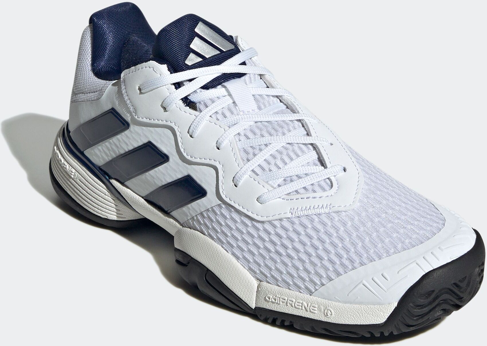 Tennisschuh ADIDAS PERFORMANCE "BARRICADE KIDS", Jungen, Gr. 35,5, weiss (cloud weiß, dunkelblau, core schwarz), Synthetik, Textil, Schuhe Tennisschuh, Multicourt Schuh cloud weiß, dunkelblau, core schwarz 35,5