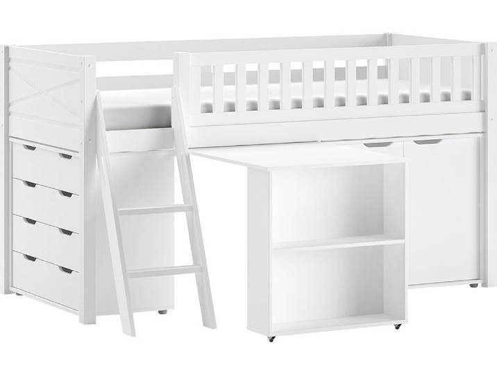 Spielbett VIPACK, weiss (weiß), B:134,7cm H:114cm L:206,7cm, Das Bett ist Kiefer massiv;Die Beimöbel MDF, Betten, Spielbett, mit viel Funktion auf kleinem Raum, LF 90x200 cm, Kiefer weiss lackiert