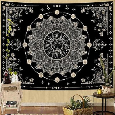 Himmlischer Wandteppich mit Sonne und Mond, Tierkreiszeichen, Mandala in Schwarz-Weiß, Astrologie, Horoskop, mystischer Wandbehang, ästhetisch, gotisch, Boho, Wohndekoration, Schlafzimmer, Wohnzimmer,