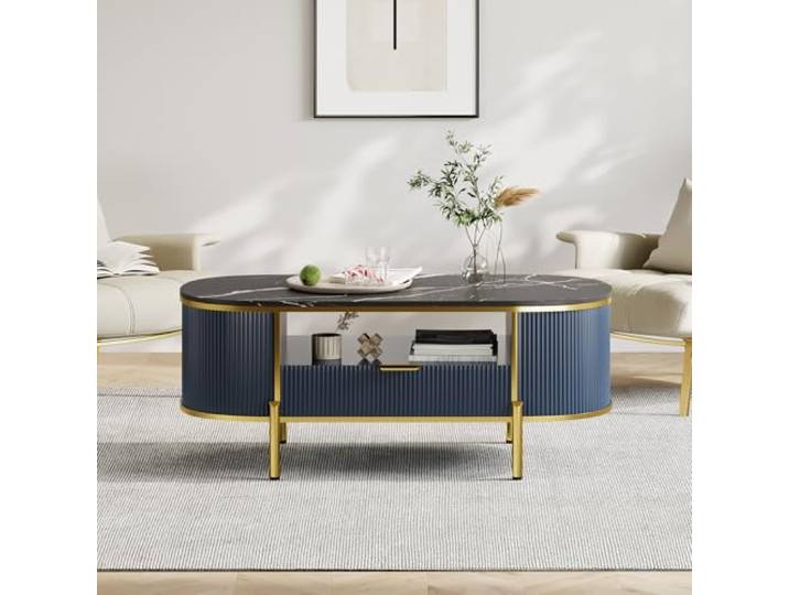 Niwugady Ovaler Couchtisch mit 2-stöckig Offenem Regal, 1 Schublade, Kaffeetisch mit Kunstmarmor-Tischplatte & Goldenen Metallfüßen, Viel Stauraum & Modernes Design, 122 x 56 x 48 cm, Dunkelblau