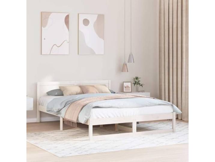 Massives Kiefernholz modernes Bettgestell Stilvoll 160 x 200 cm Weiß Bettrahmen mit Kopfteil Weiß 160x200 cm Massives Kiefernholz Bettgestell mit Lattenrost Stabil Stilvoll King Size Doppelbett