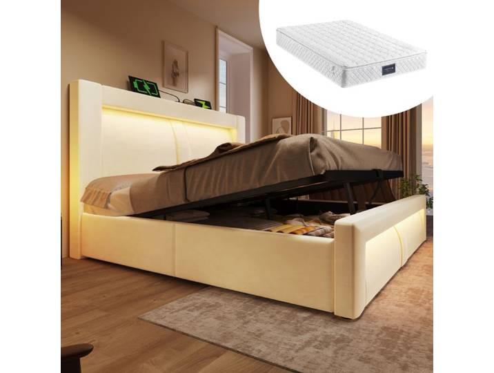 Lit 160x200 avec rangement et LED Beige Maisentiel