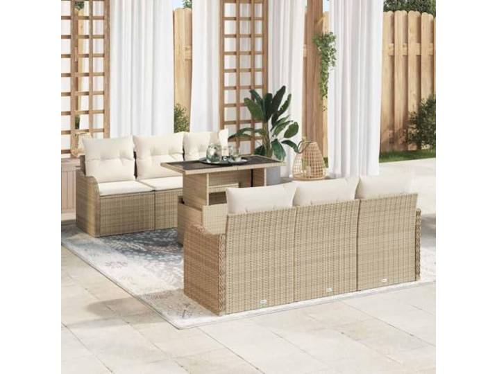HEFZGDB 7-teiliges Garten-Sofa-Set Beige mit Rattan-Garnitur und Tischplatte aus gehärtetem Glas für Terrassenmöbel 100 x 55 x 73 cm aus Poly-Rattan