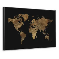 LEINWAND Bilder mit Rahmen - Weltkarte - Gold - Luxus - Erde - Schwarz - 150x100