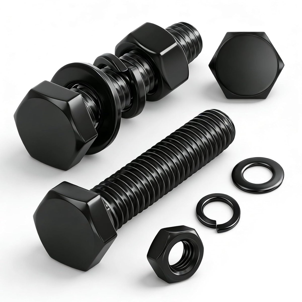 Set van 20 stuks M6 zwarte zeskantschroeven, moeren en sluitringen van koolstofstaal, M6 x 16 mm