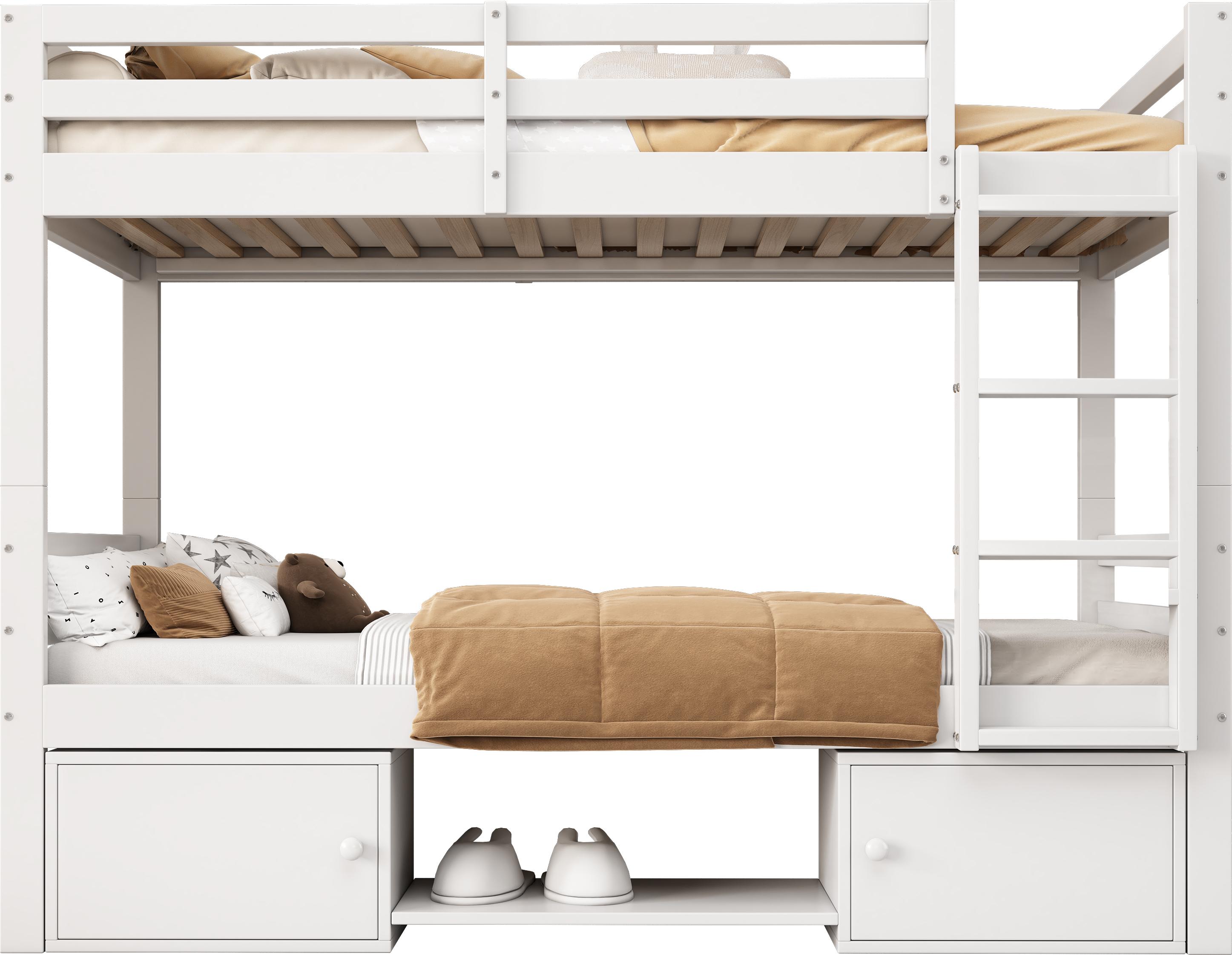 Etagenbett mit 2 Liegeflächen, Rausfallschutz und Schuhregal, 90x200 cm, umbaufähig zu 2 Einzelbetten, Kinderbett, Kiefer