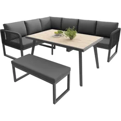 LOUNGEGARNITUR 6-tlg. PE-Rattan Grau Ecksofa mit Tisch & Bank für Terrasse