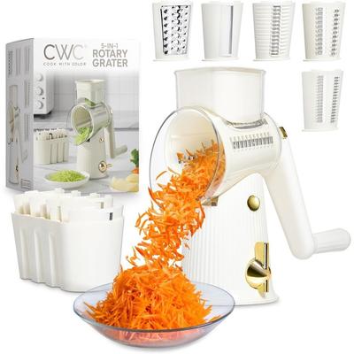 COOK WITH COLOR Rotary Cheese Grater with Handle Counter Suction Base 5 Blade Cheese Shredder Vegetable Chopper and Mandolin